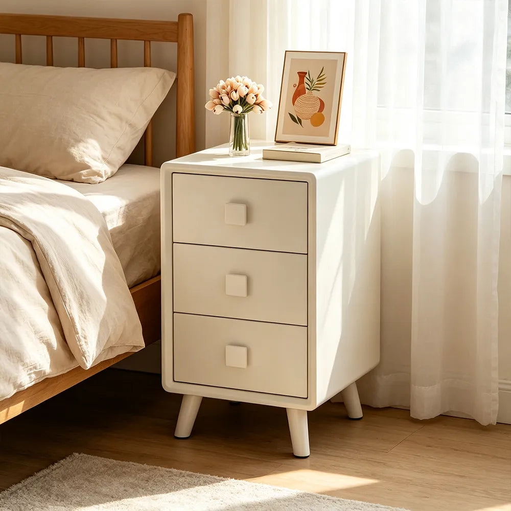 LIVARA Modern Solid Wood Bedside Table with 3 Drawers, Square Wooden Handles, Rounded Edges, Tapered Legs, 40cm - White