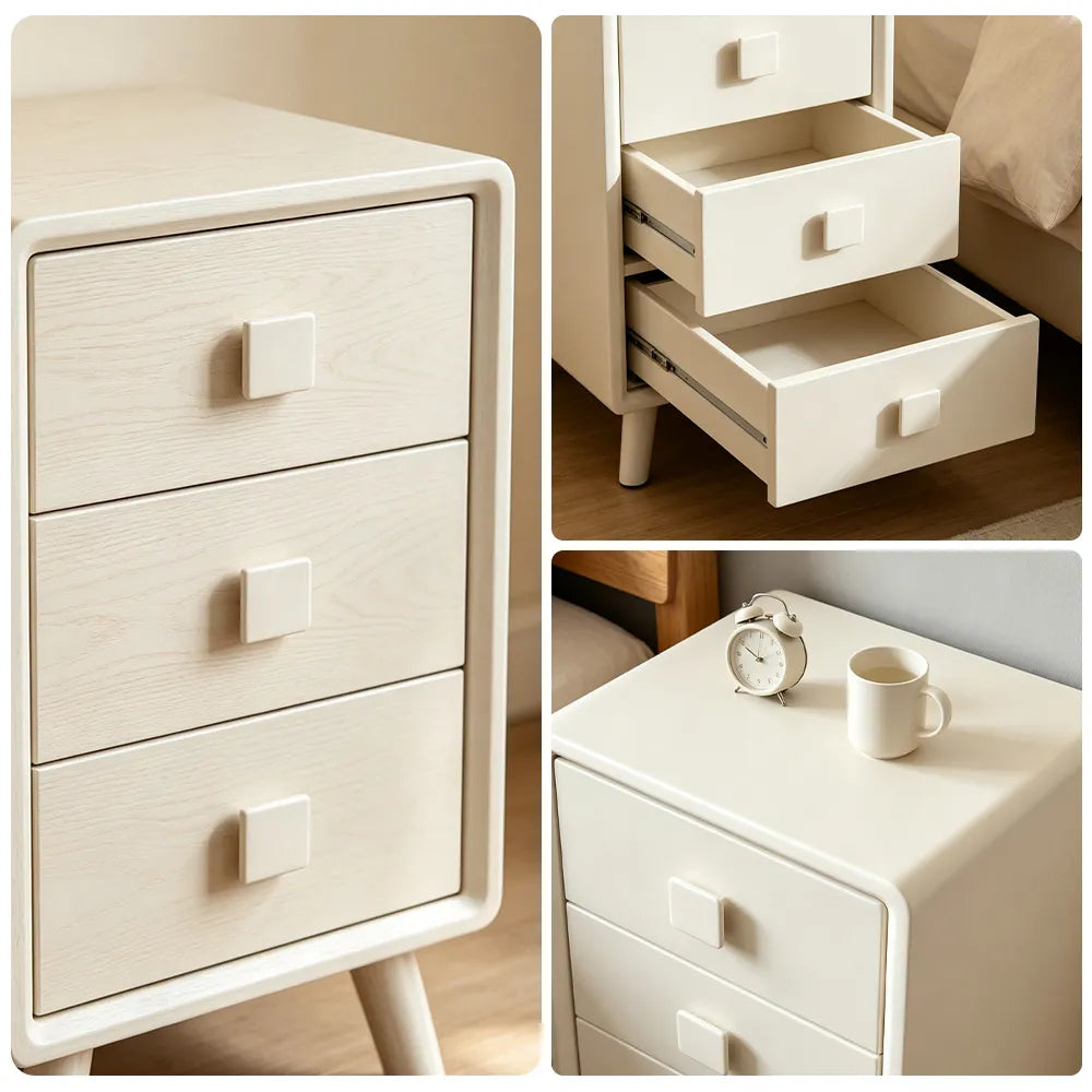 LIVARA Modern Solid Wood Bedside Table with 3 Drawers, Square Wooden Handles, Rounded Edges, Tapered Legs, 40cm - White