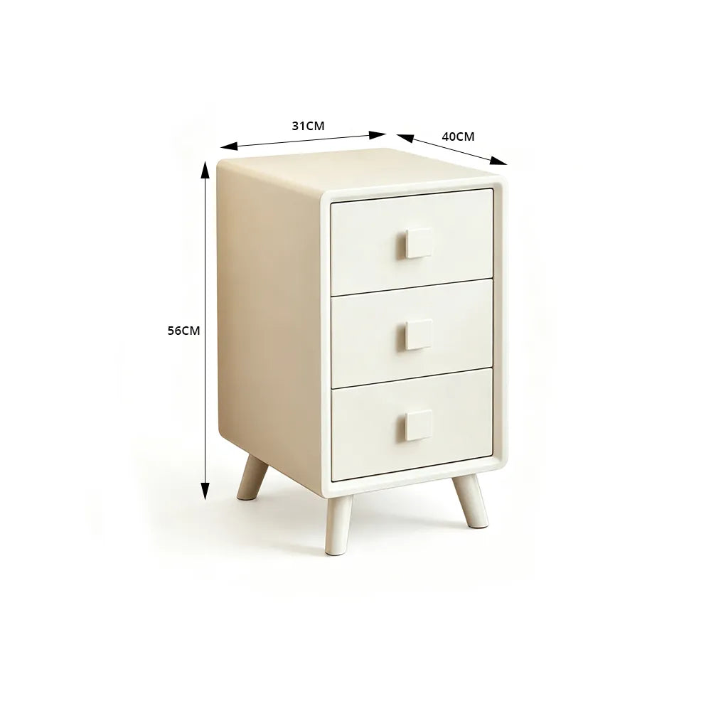 LIVARA Modern Solid Wood Bedside Table with 3 Drawers, Square Wooden Handles, Rounded Edges, Tapered Legs, 40cm - White