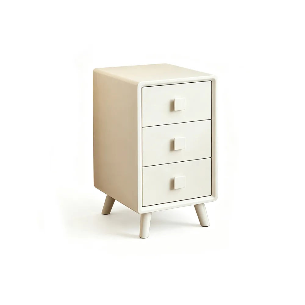 LIVARA Modern Solid Wood Bedside Table with 3 Drawers, Square Wooden Handles, Rounded Edges, Tapered Legs, 40cm - White