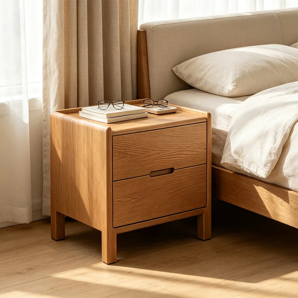 LIVARA Modern Solid Wood Bedside Table with Double Drawers, Metal Drawer Slides, Raised Tabletop Edges, Sturdy Wooden Legs, 40cm - Natural Wood