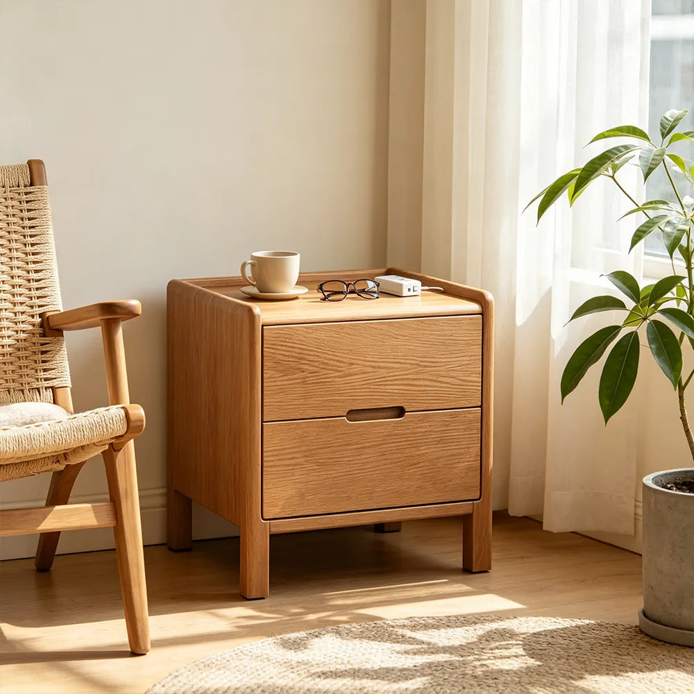 LIVARA Modern Solid Wood Bedside Table with Double Drawers, Metal Drawer Slides, Raised Tabletop Edges, Sturdy Wooden Legs, 40cm - Natural Wood