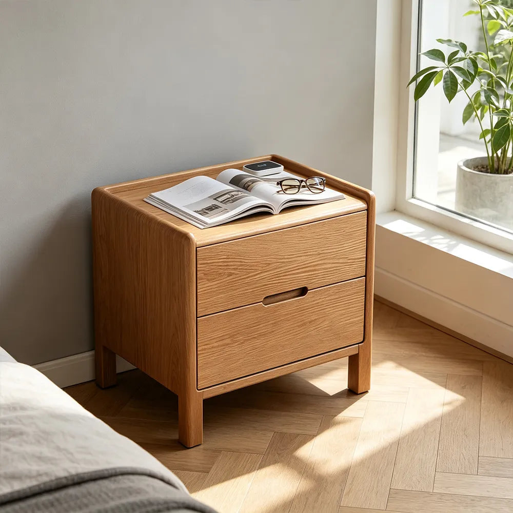 LIVARA Modern Solid Wood Bedside Table with Double Drawers, Metal Drawer Slides, Raised Tabletop Edges, Sturdy Wooden Legs, 40cm - Natural Wood