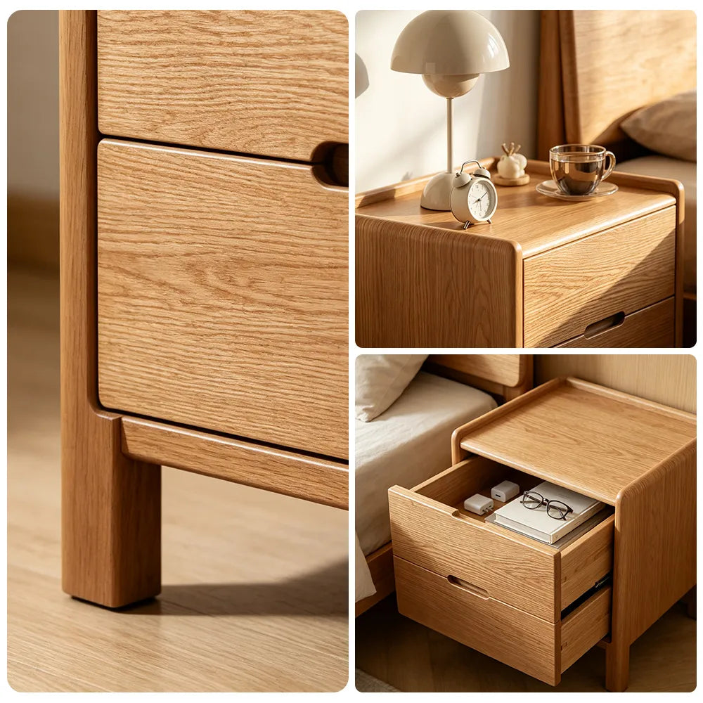 LIVARA Modern Solid Wood Bedside Table with Double Drawers, Metal Drawer Slides, Raised Tabletop Edges, Sturdy Wooden Legs, 40cm - Natural Wood