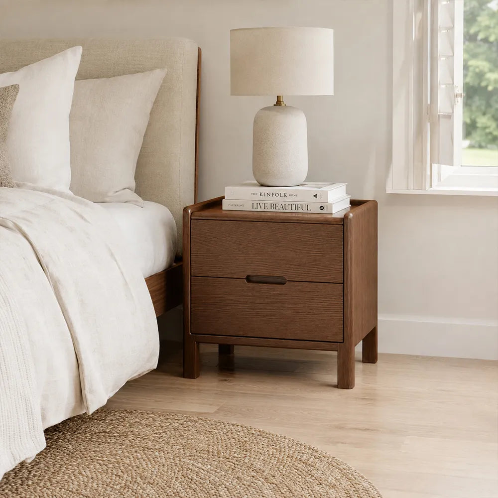 LIVARA Modern Solid Wood Bedside Table with Double Drawers, Metal Drawer Slides, Raised Tabletop Edges, Sturdy Wooden Legs, 40cm - Walnut