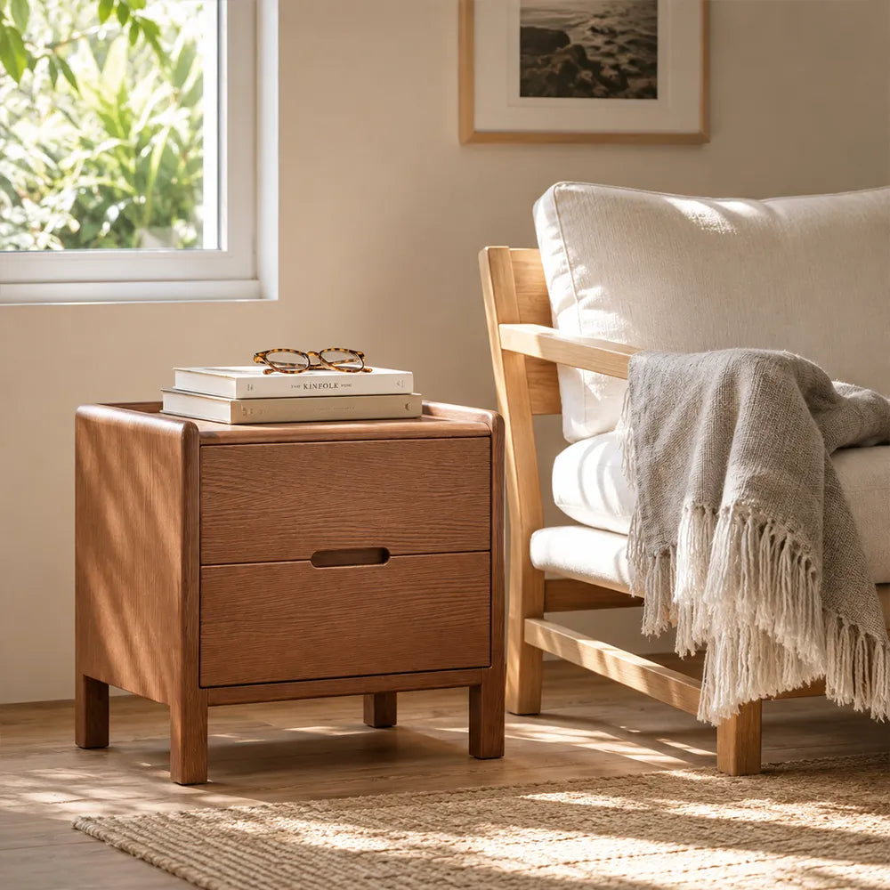 LIVARA Modern Solid Wood Bedside Table with Double Drawers, Metal Drawer Slides, Raised Tabletop Edges, Sturdy Wooden Legs, 40cm - Walnut