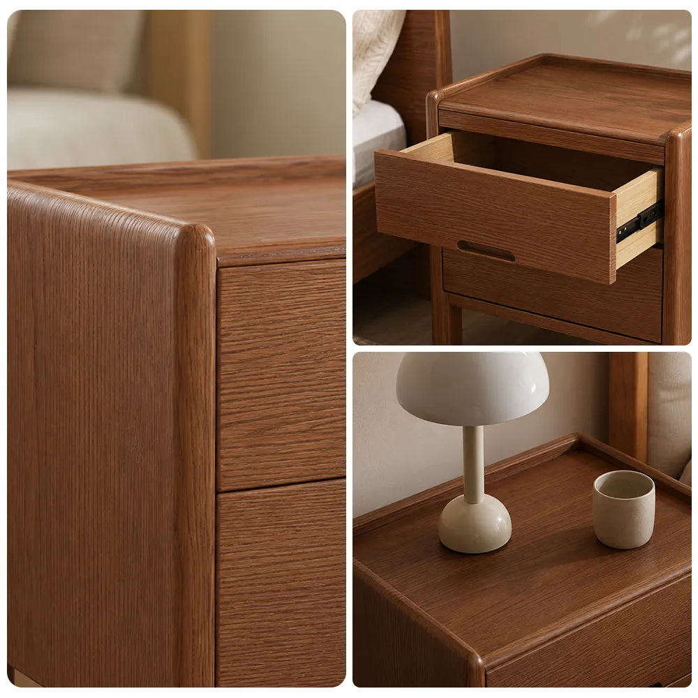 LIVARA Modern Solid Wood Bedside Table with Double Drawers, Metal Drawer Slides, Raised Tabletop Edges, Sturdy Wooden Legs, 40cm - Walnut