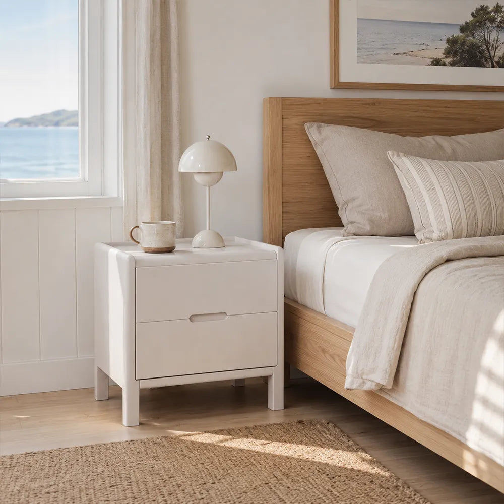 LIVARA Modern Solid Wood Bedside Table with Double Drawers, Metal Drawer Slides, Raised Tabletop Edges, Sturdy Wooden Legs, 40cm - White