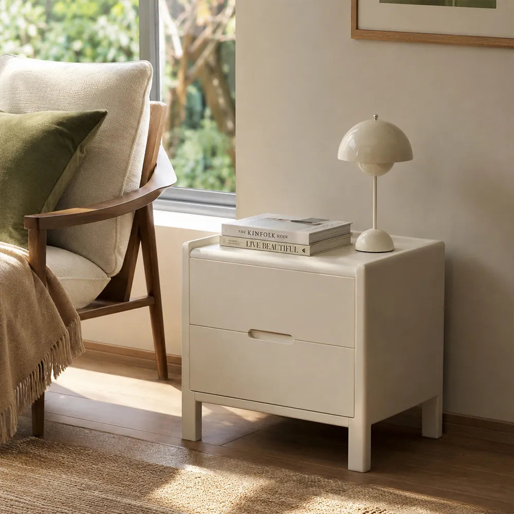 LIVARA Modern Solid Wood Bedside Table with Double Drawers, Metal Drawer Slides, Raised Tabletop Edges, Sturdy Wooden Legs, 40cm - White