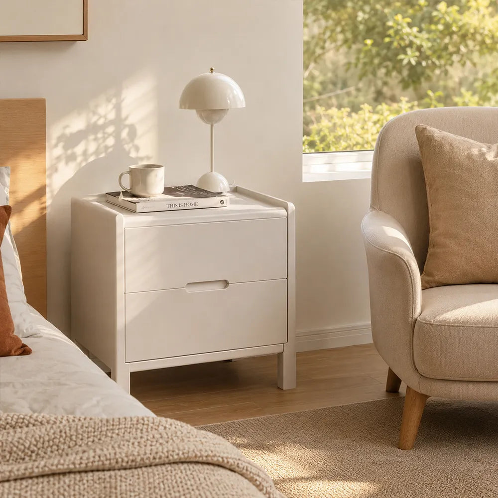 LIVARA Modern Solid Wood Bedside Table with Double Drawers, Metal Drawer Slides, Raised Tabletop Edges, Sturdy Wooden Legs, 40cm - White