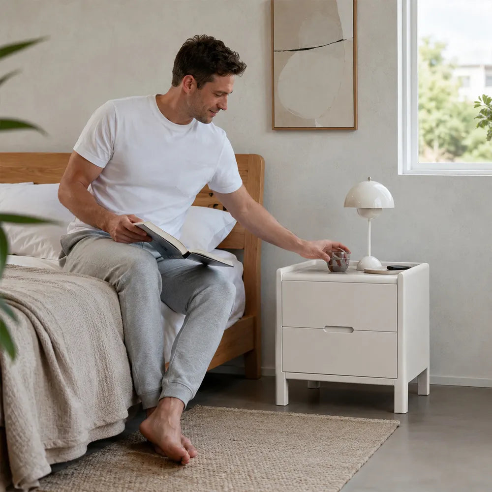 LIVARA Modern Solid Wood Bedside Table with Double Drawers, Metal Drawer Slides, Raised Tabletop Edges, Sturdy Wooden Legs, 40cm - White