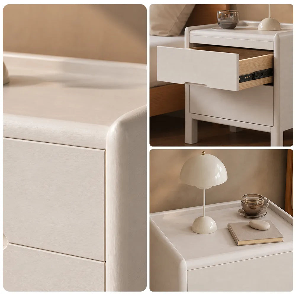 LIVARA Modern Solid Wood Bedside Table with Double Drawers, Metal Drawer Slides, Raised Tabletop Edges, Sturdy Wooden Legs, 40cm - White