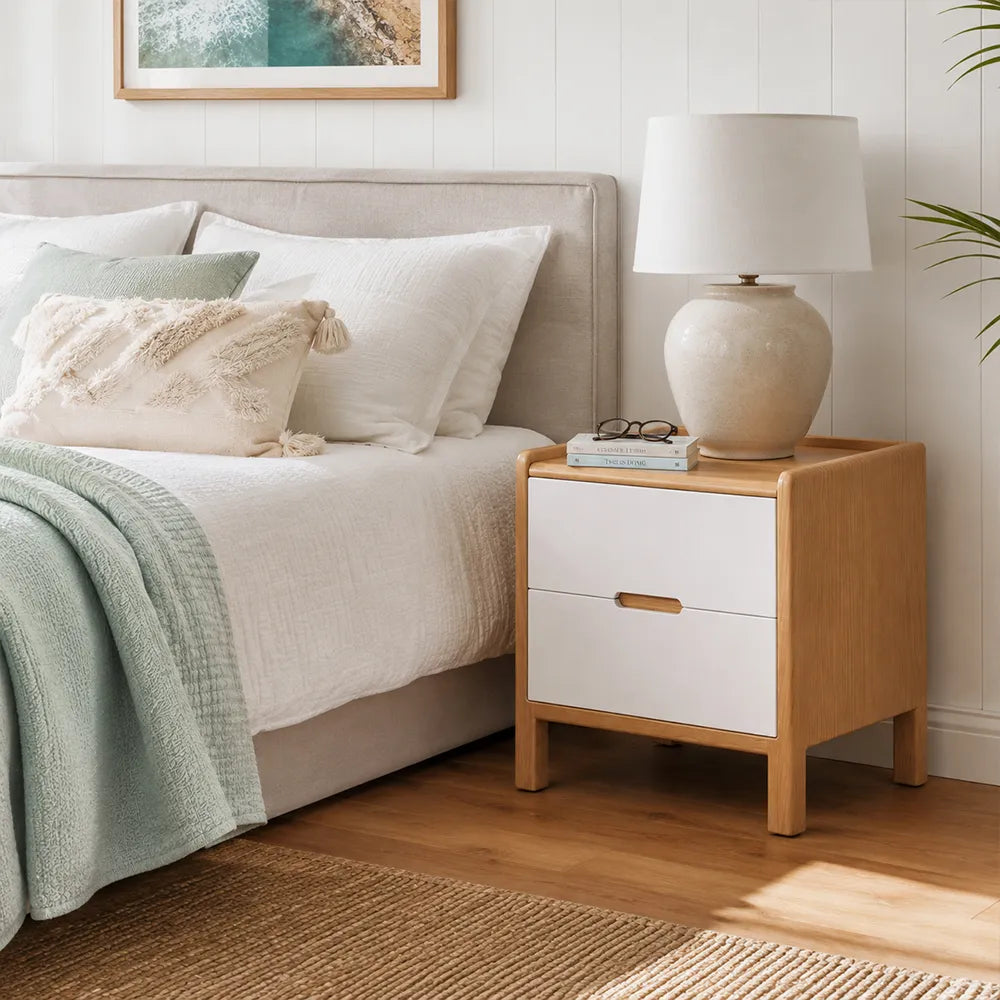 LIVARA Modern Solid Wood Bedside Table with Double Drawers, Metal Drawer Slides, Raised Tabletop Edges, Sturdy Wooden Legs, 40cm - Wood & White