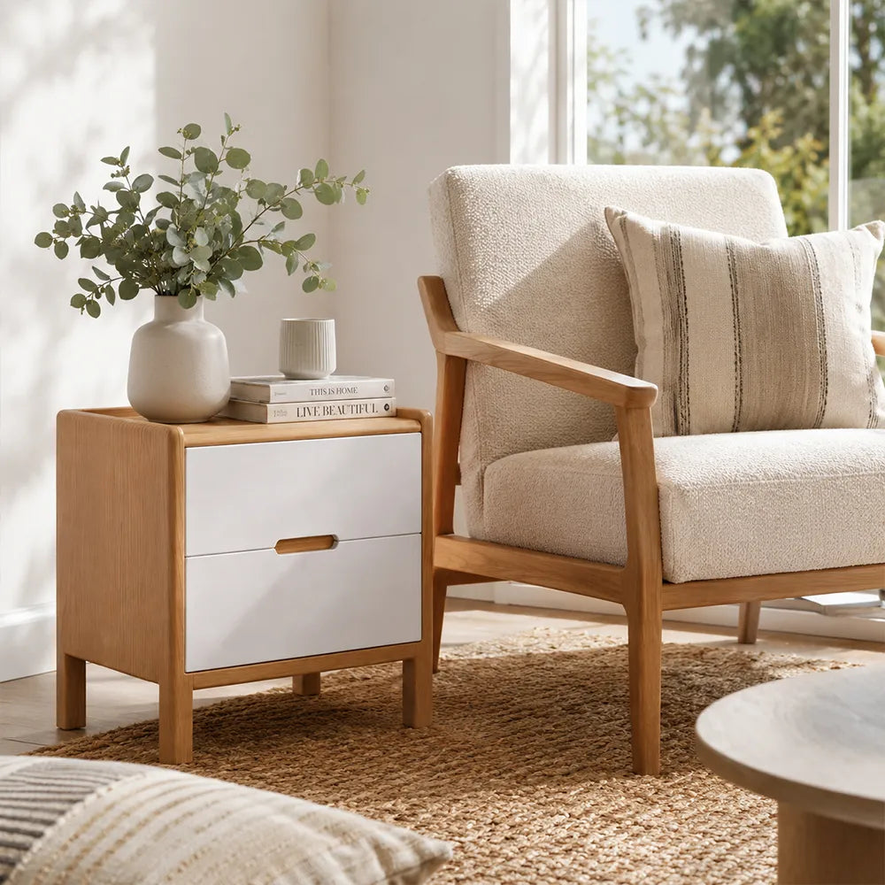 LIVARA Modern Solid Wood Bedside Table with Double Drawers, Metal Drawer Slides, Raised Tabletop Edges, Sturdy Wooden Legs, 40cm - Wood & White