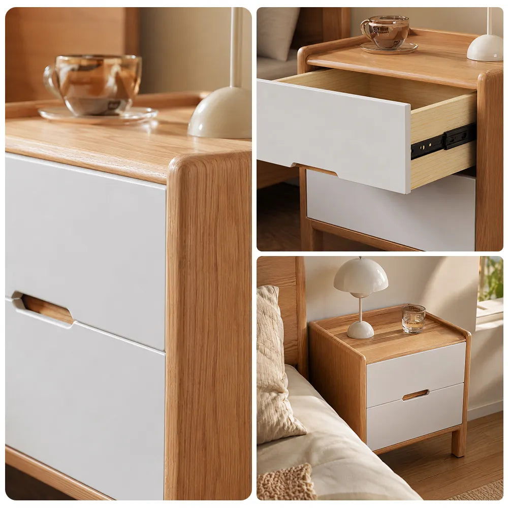 LIVARA Modern Solid Wood Bedside Table with Double Drawers, Metal Drawer Slides, Raised Tabletop Edges, Sturdy Wooden Legs, 40cm - Wood & White