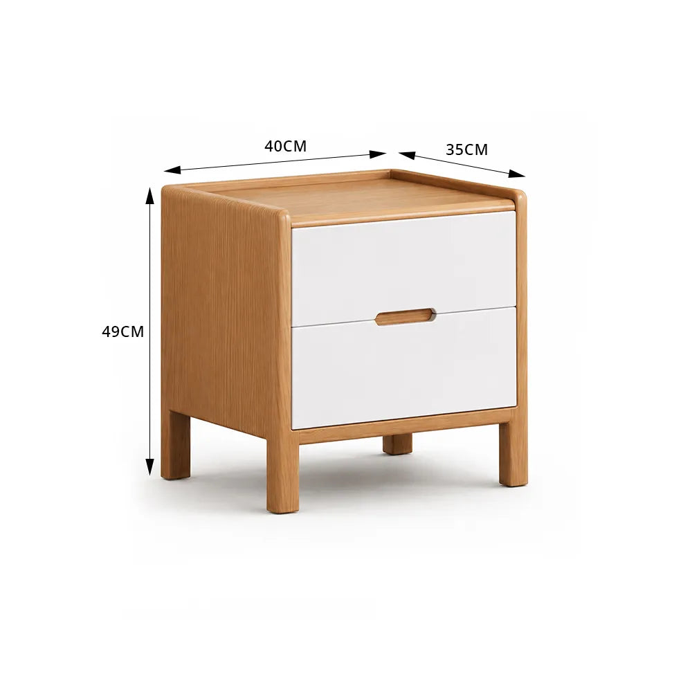 LIVARA Modern Solid Wood Bedside Table with Double Drawers, Metal Drawer Slides, Raised Tabletop Edges, Sturdy Wooden Legs, 40cm - Wood & White