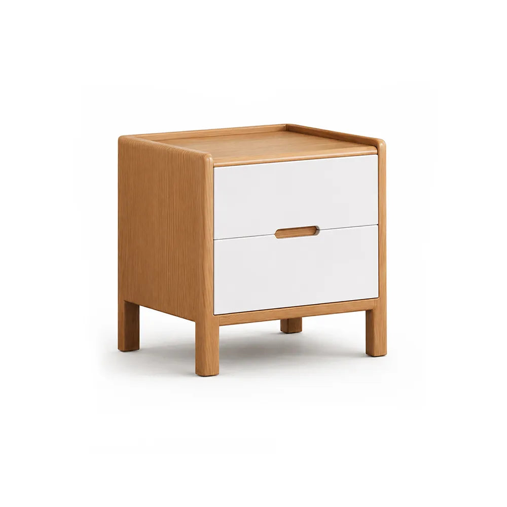 LIVARA Modern Solid Wood Bedside Table with Double Drawers, Metal Drawer Slides, Raised Tabletop Edges, Sturdy Wooden Legs, 40cm - Wood & White