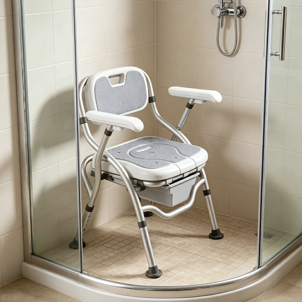LIVARA Large Foldable Shower Chair Suitable for Toilet Use Adjustable Height Soft Wave Cushion Waterproof Panel Anti-Slip Feet for Elderly Pregnant Bathroom Safety