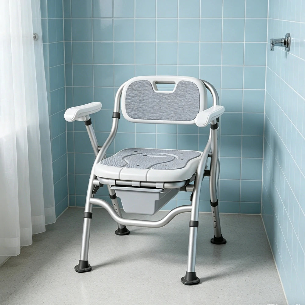 LIVARA Large Foldable Shower Chair Suitable for Toilet Use Adjustable Height Soft Wave Cushion Waterproof Panel Anti-Slip Feet for Elderly Pregnant Bathroom Safety