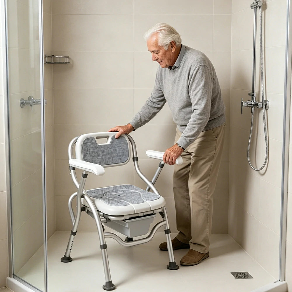 LIVARA Large Foldable Shower Chair Suitable for Toilet Use Adjustable Height Soft Wave Cushion Waterproof Panel Anti-Slip Feet for Elderly Pregnant Bathroom Safety