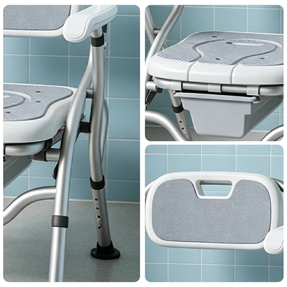 LIVARA Large Foldable Shower Chair Suitable for Toilet Use Adjustable Height Soft Wave Cushion Waterproof Panel Anti-Slip Feet for Elderly Pregnant Bathroom Safety