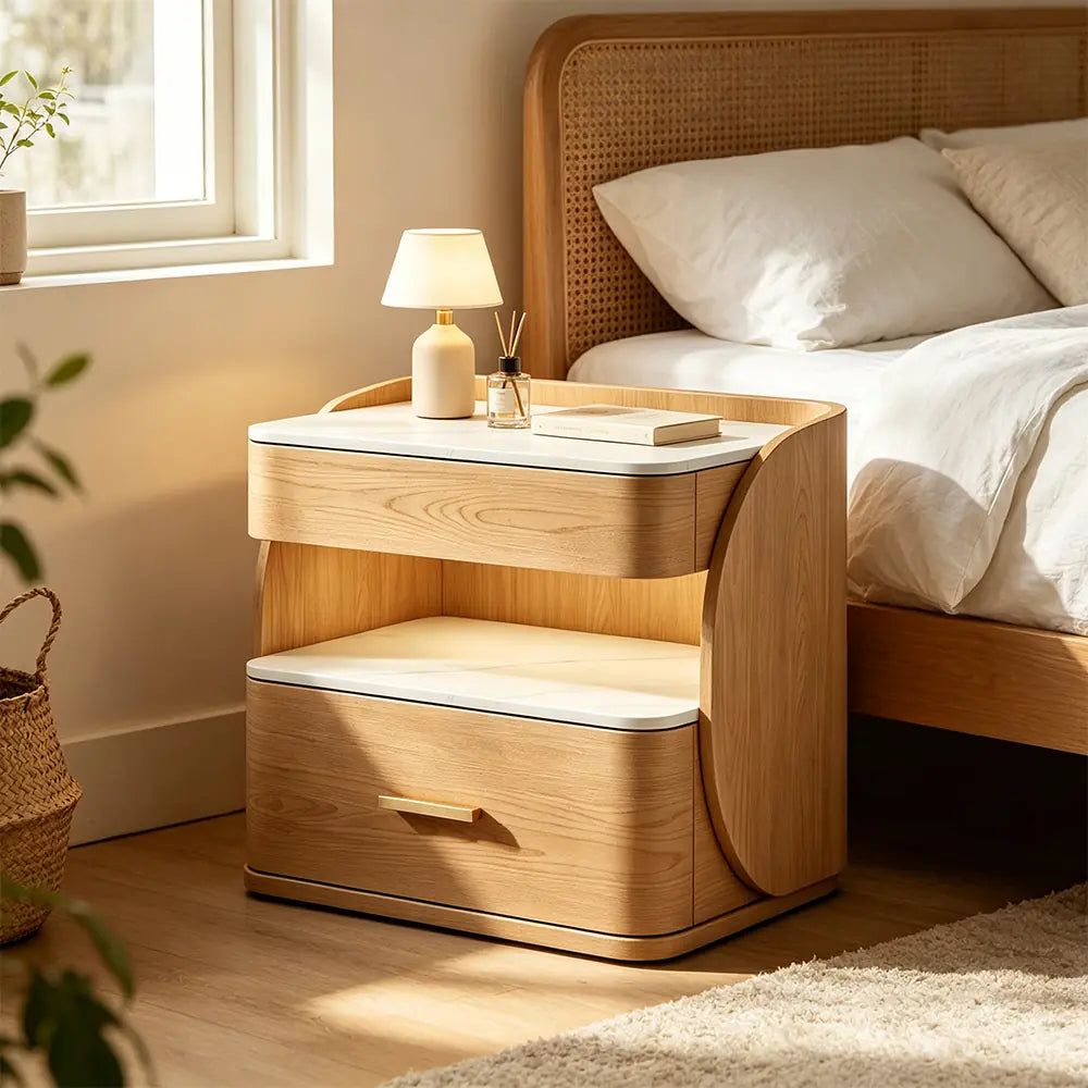 LIVARA Modern Bedside Table with Drawer, Open Storage Shelf, Sintered Stone Tops, Motion Sensor Light, 40cm - White Oak