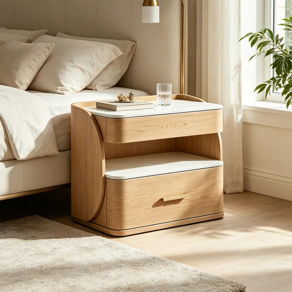 LIVARA Modern Bedside Table with Drawer, Open Storage Shelf, Sintered Stone Tops, Motion Sensor Light, 40cm - White Oak