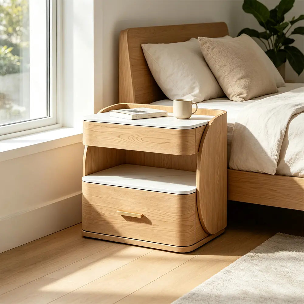 LIVARA Modern Bedside Table with Drawer, Open Storage Shelf, Sintered Stone Tops, Motion Sensor Light, 40cm - White Oak