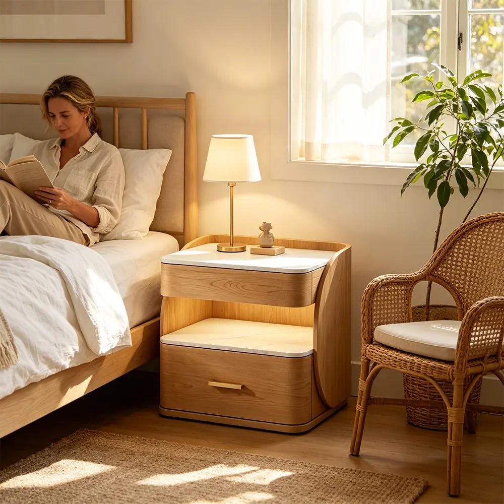 LIVARA Modern Bedside Table with Drawer, Open Storage Shelf, Sintered Stone Tops, Motion Sensor Light, 40cm - White Oak