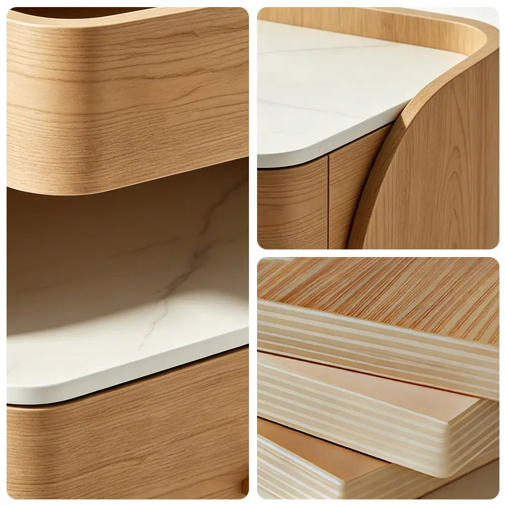 LIVARA Modern Bedside Table with Drawer, Open Storage Shelf, Sintered Stone Tops, Motion Sensor Light, 40cm - White Oak