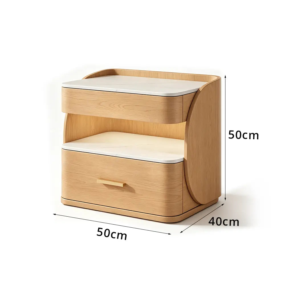 LIVARA Modern Bedside Table with Drawer, Open Storage Shelf, Sintered Stone Tops, Motion Sensor Light, 40cm - White Oak