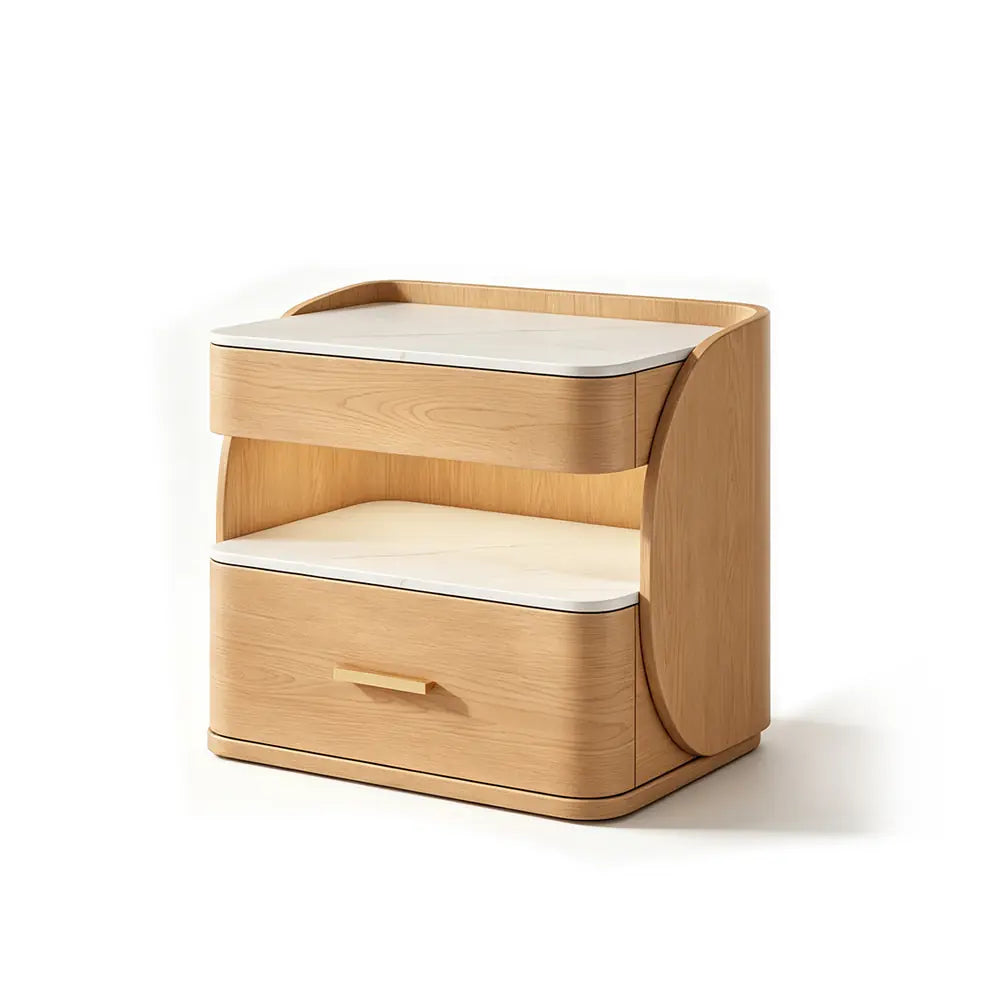 LIVARA Modern Bedside Table with Drawer, Open Storage Shelf, Sintered Stone Tops, Motion Sensor Light, 40cm - White Oak