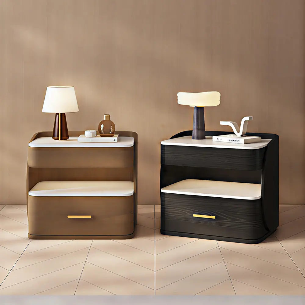 LIVARA Modern Bedside Table with Drawer, Open Storage Shelf, Sintered Stone Tops, Motion Sensor Light, 40cm - Black