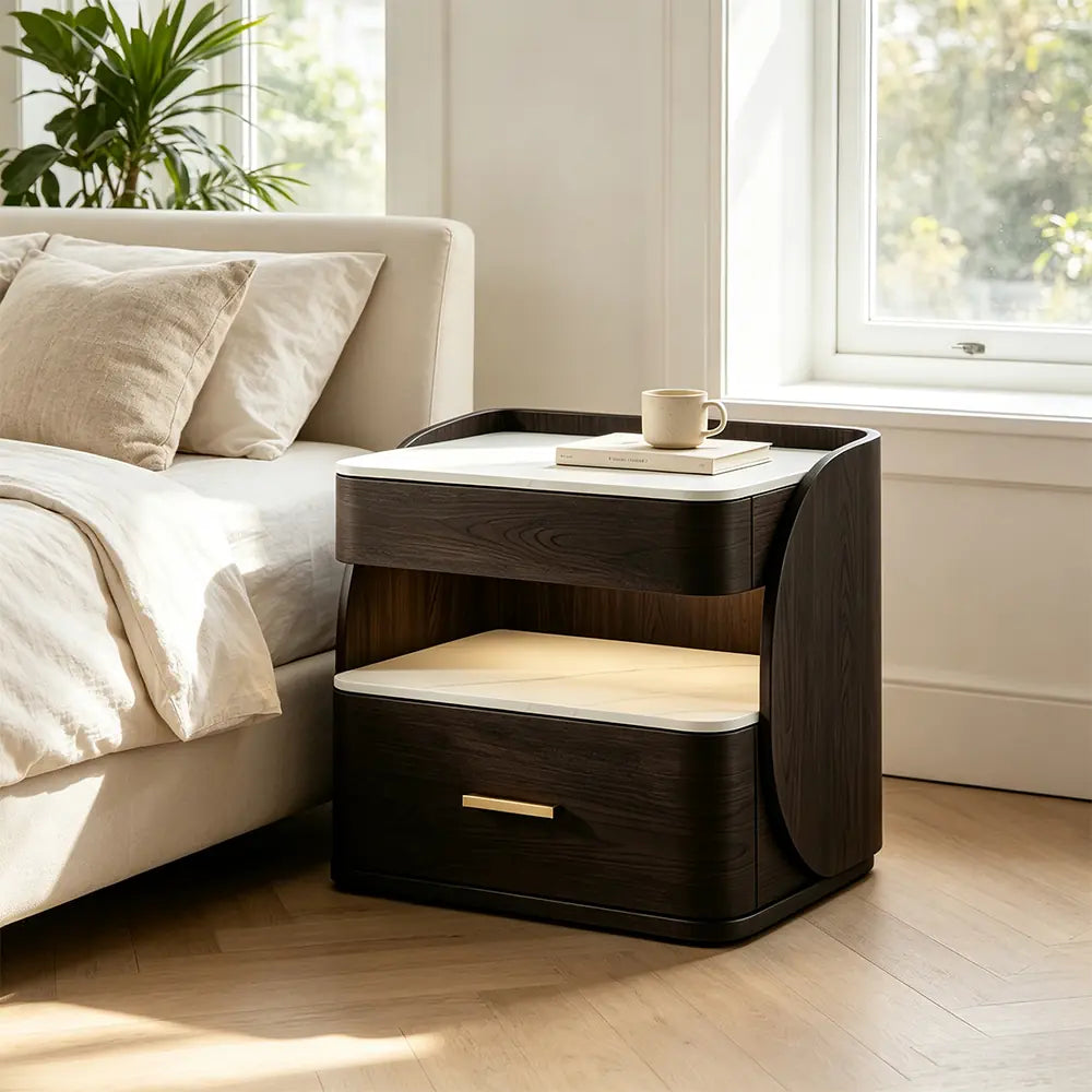LIVARA Modern Bedside Table with Drawer, Open Storage Shelf, Sintered Stone Tops, Motion Sensor Light, 40cm - Black