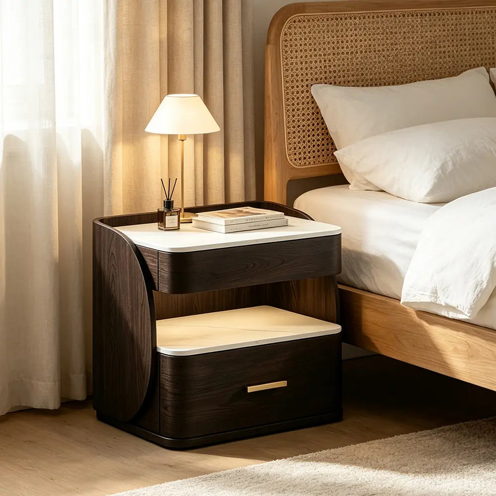 LIVARA Modern Bedside Table with Drawer, Open Storage Shelf, Sintered Stone Tops, Motion Sensor Light, 40cm - Black