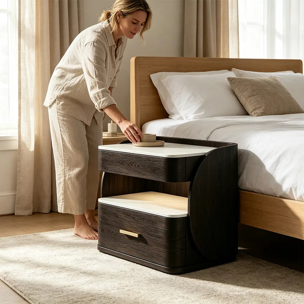 LIVARA Modern Bedside Table with Drawer, Open Storage Shelf, Sintered Stone Tops, Motion Sensor Light, 40cm - Black