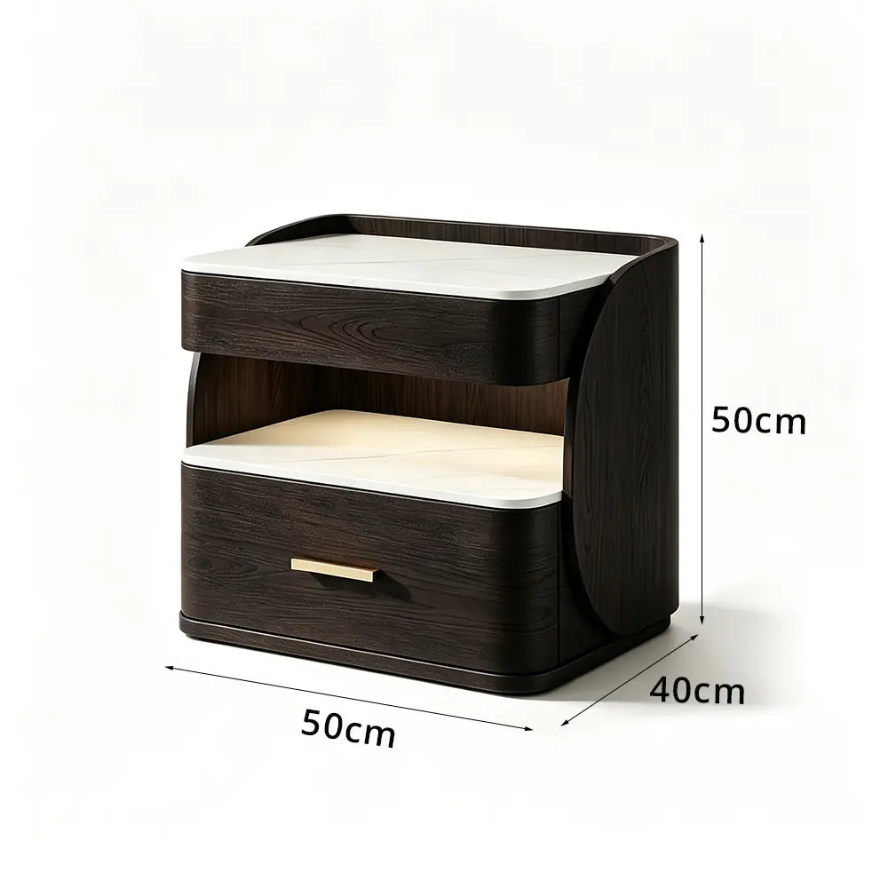 LIVARA Modern Bedside Table with Drawer, Open Storage Shelf, Sintered Stone Tops, Motion Sensor Light, 40cm - Black