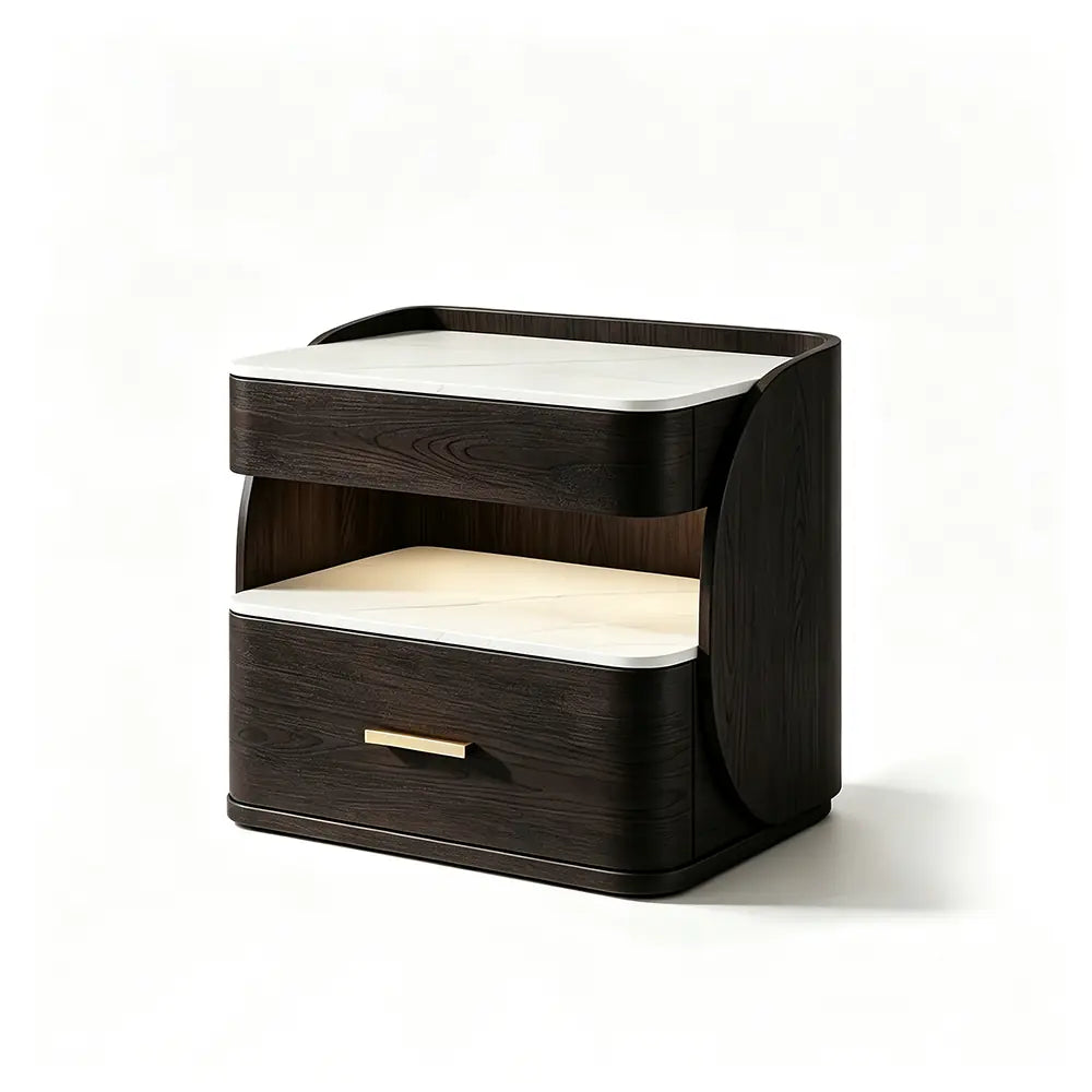LIVARA Modern Bedside Table with Drawer, Open Storage Shelf, Sintered Stone Tops, Motion Sensor Light, 40cm - Black