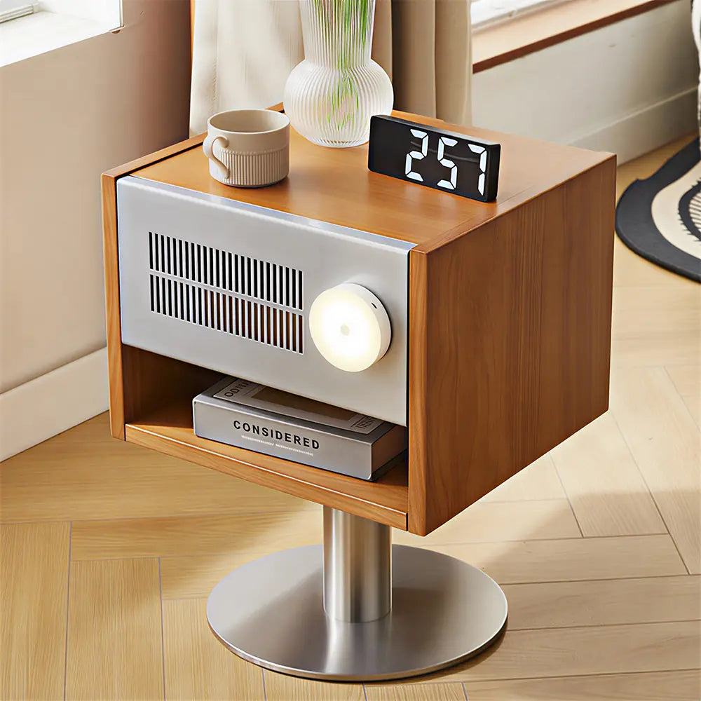 LIVARA Modern Solid Wood Bedside Table with Open Storage Shelf, Built-in Light, Metal Grille Panel, 40 x 37cm - Cherry