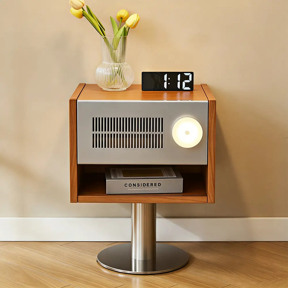 LIVARA Modern Solid Wood Bedside Table with Open Storage Shelf, Built-in Light, Metal Grille Panel, 40 x 37cm - Cherry