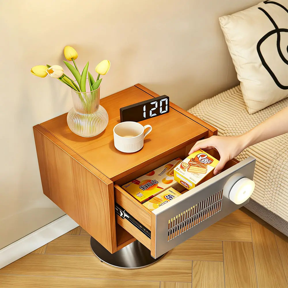 LIVARA Modern Solid Wood Bedside Table with Open Storage Shelf, Built-in Light, Metal Grille Panel, 40 x 37cm - Cherry