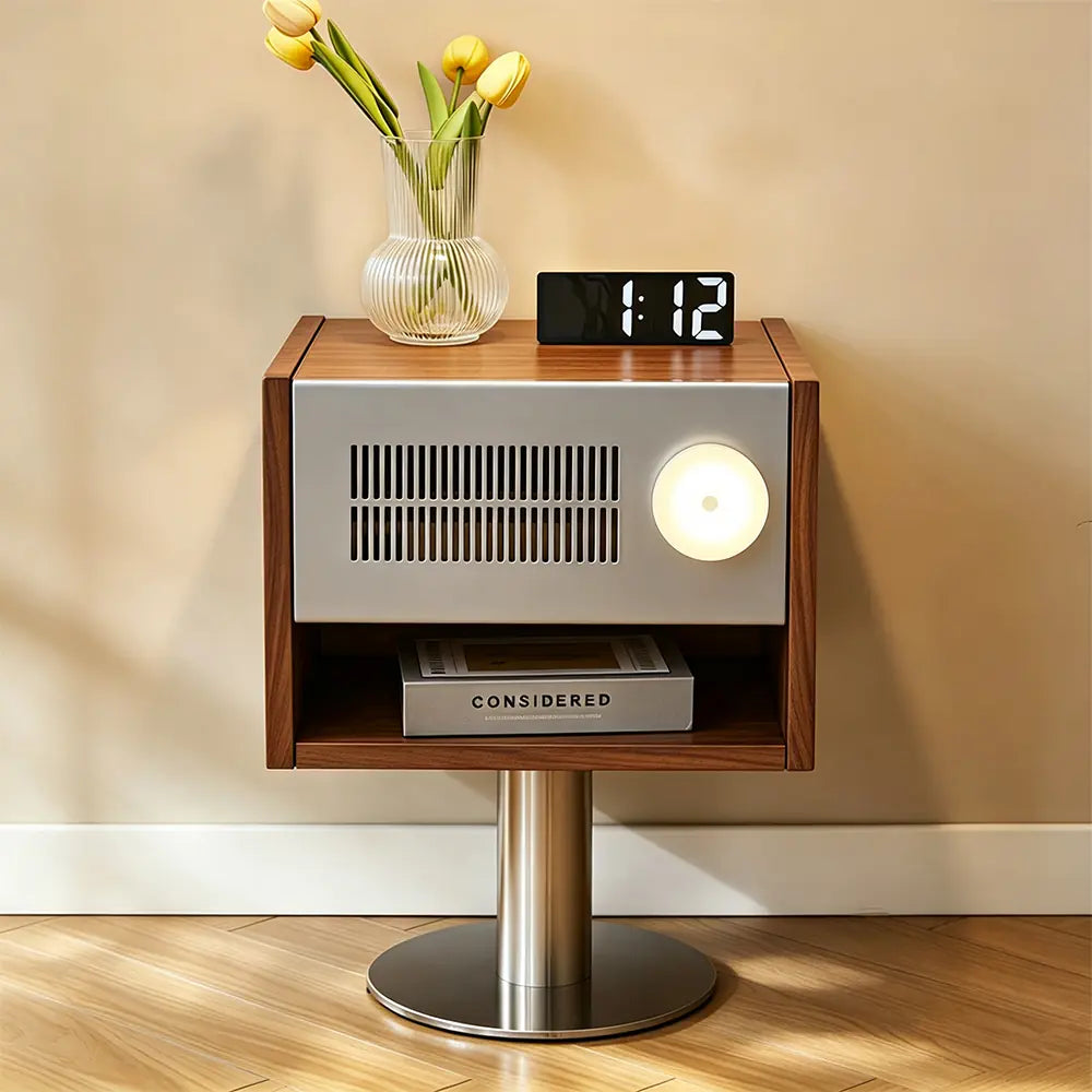 LIVARA Modern Solid Wood Bedside Table with Open Storage Shelf, Built-in Light, Metal Grille Panel, 40 x 37cm - Walnut