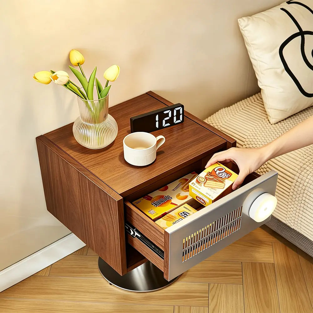 LIVARA Modern Solid Wood Bedside Table with Open Storage Shelf, Built-in Light, Metal Grille Panel, 40 x 37cm - Walnut