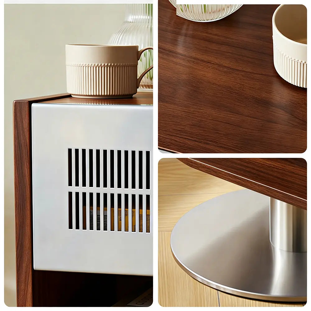 LIVARA Modern Solid Wood Bedside Table with Open Storage Shelf, Built-in Light, Metal Grille Panel, 40 x 37cm - Walnut