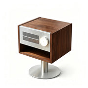 LIVARA Modern Solid Wood Bedside Table with Open Storage Shelf, Built-in Light, Metal Grille Panel, 40 x 37cm - Walnut
