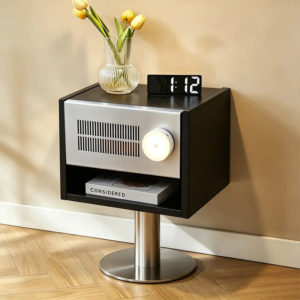 LIVARA Modern Solid Wood Bedside Table with Open Storage Shelf, Built-in Light, Metal Grille Panel, 40 x 37cm - Black