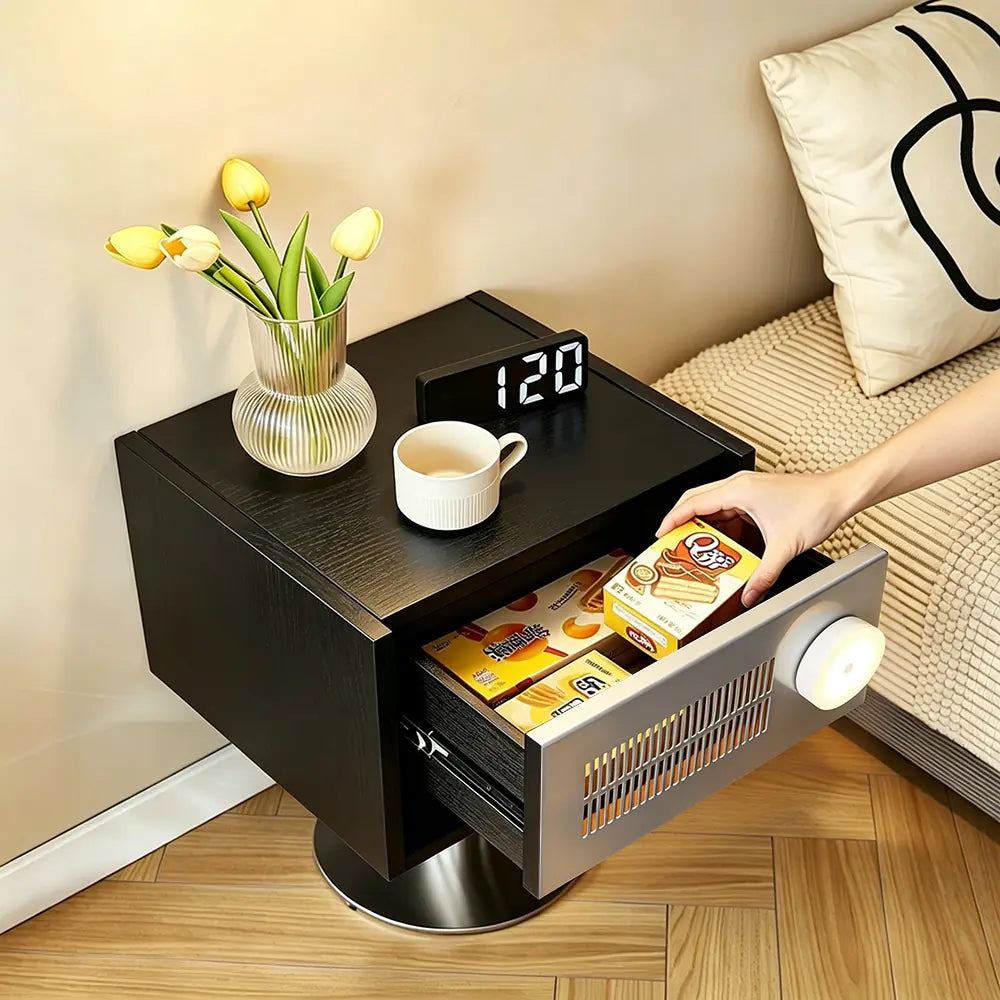 LIVARA Modern Solid Wood Bedside Table with Open Storage Shelf, Built-in Light, Metal Grille Panel, 40 x 37cm - Black
