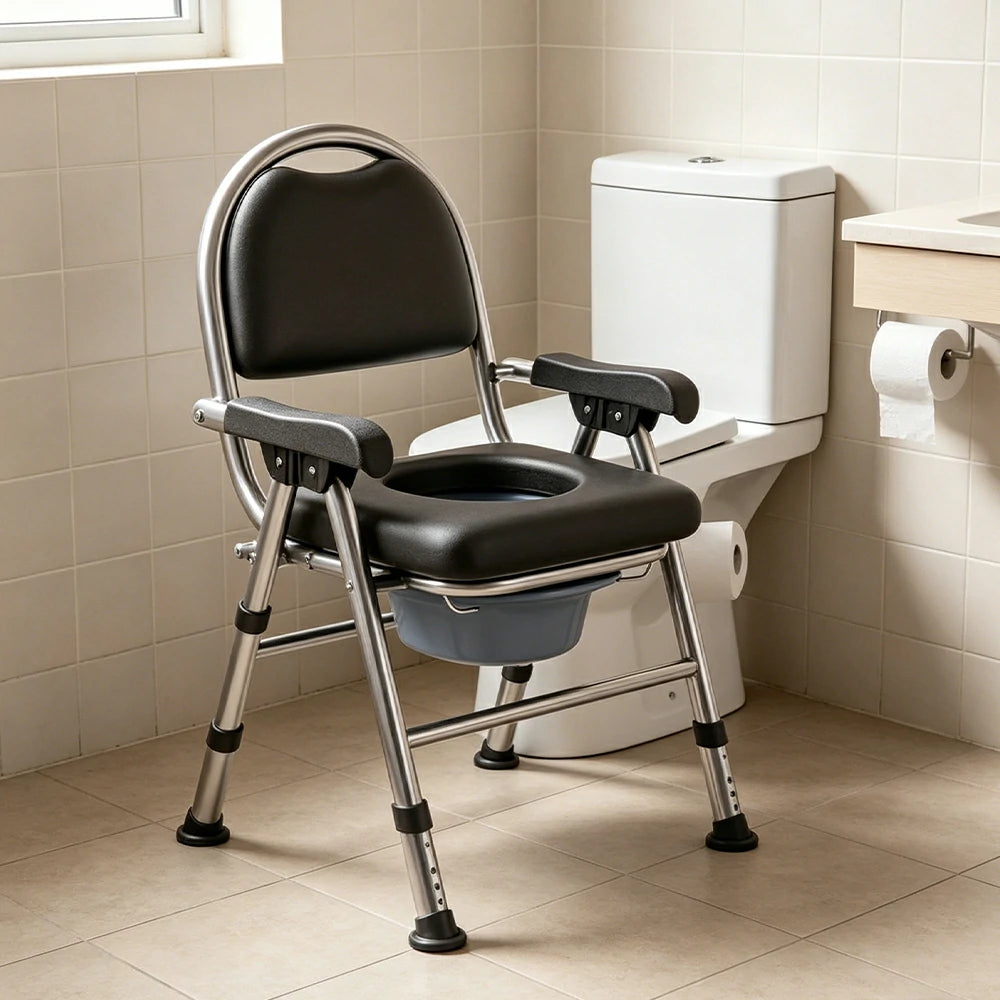 LIVARA Large Foldable Shower Chair Reinforced Steel Frame Adjustable Height Soft Cushion Backrest Anti-Tip for Elderly Pregnant Bathroom Use