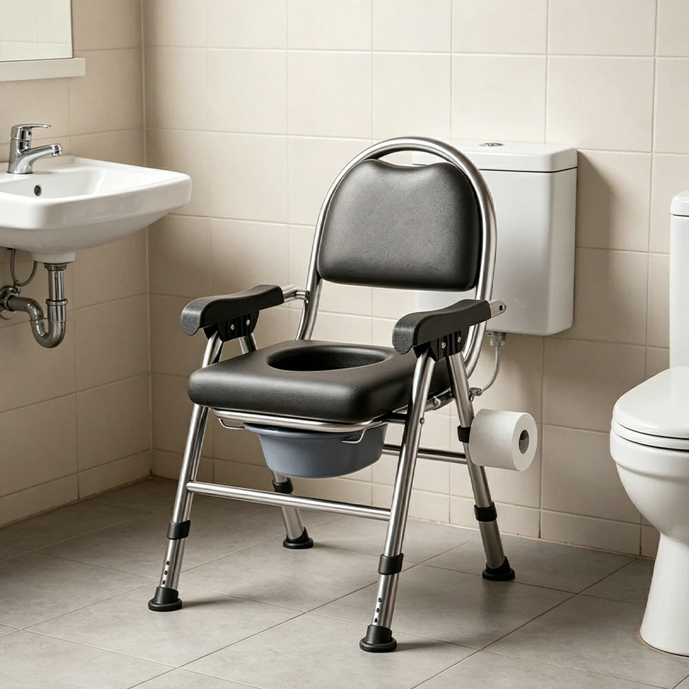 LIVARA Large Foldable Shower Chair Reinforced Steel Frame Adjustable Height Soft Cushion Backrest Anti-Tip for Elderly Pregnant Bathroom Use
