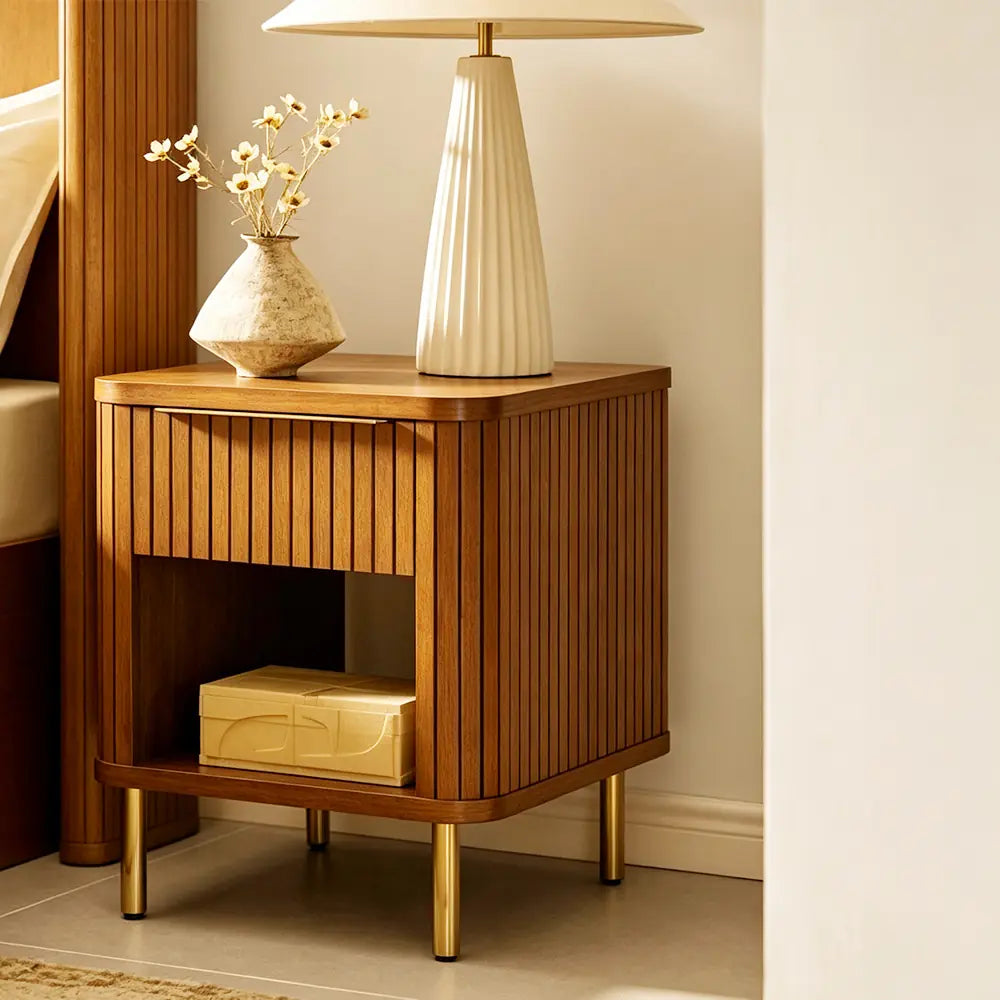 LIVARA Vintage Wood Bedside Table with Drawer, Open Storage Shelf, Vertical Fluted Design, Gold Metal Legs - Walnut